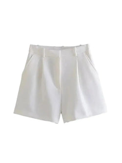 TRZA Women Fashion Side Pockets Front Darts Bermuda Shorts Vintage High Waist Zipper Fly Female Short Pants Mujer - 3KDyn