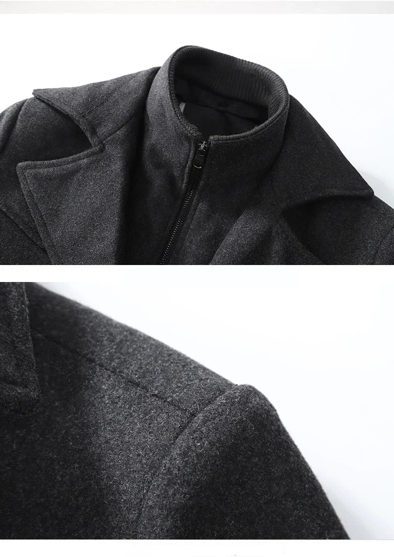 Close-up of a dark gray coat with a collar on a white background