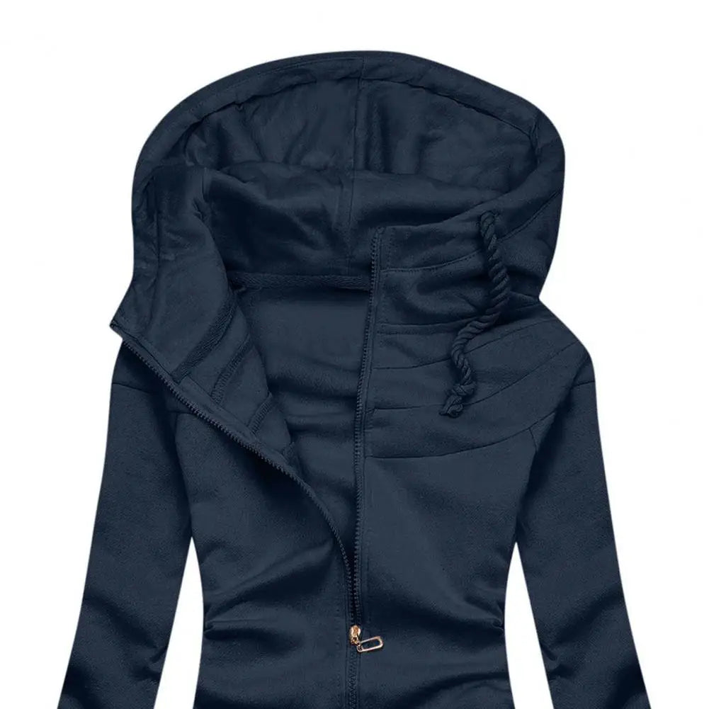 Women’s slim fit zipper hoodie jacket with drawstring waist in pink, navy blue, and gray | 3KDyn