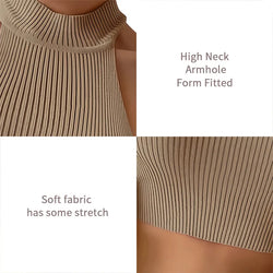 Sleeveless Ribbed Knit Halter Crop Top – Solid Slim Fit with High Neck for Women - 3KDyn