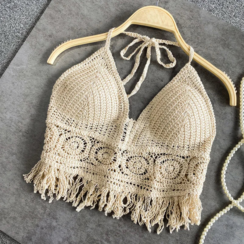 Sexy Boho Beach Holiday Camisole Halter Women Crochet Knit Swimsuit Bra Backless Vest Hollow Tassel Tank Top Women's Crop Tops - 3KDyn