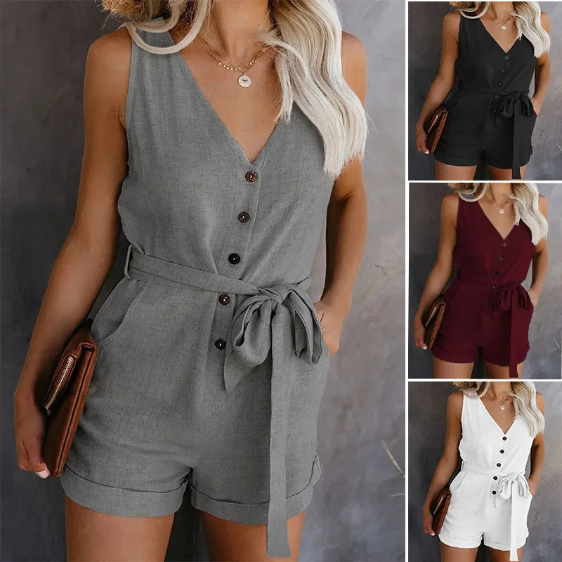 Women’s V-neck belted romper in gray, sleeveless, above-knee | 3KDyn