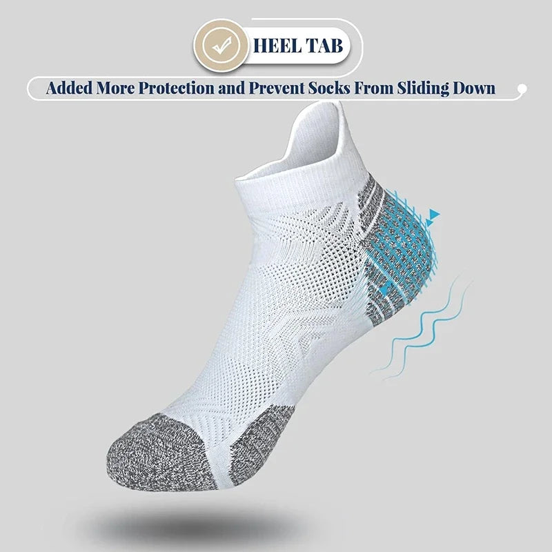 White sock with gray heel tab on a light gray background