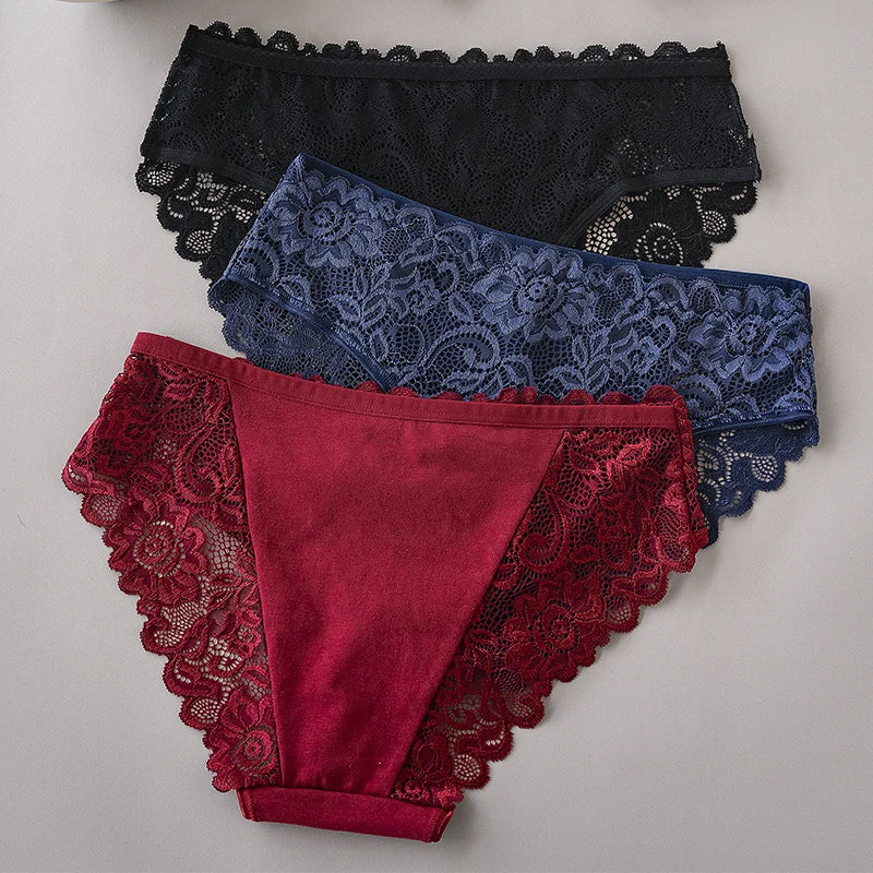 Women’s Lace Briefs 3‑Pack – Floral Embroidery, Mid‑Rise - 3KDyn