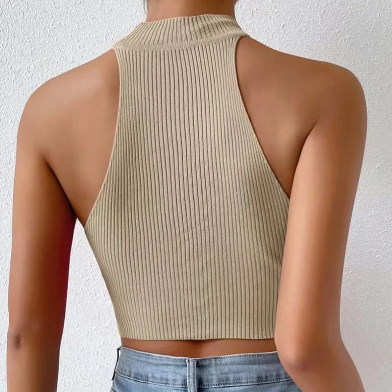 Sleeveless Ribbed Knit Halter Crop Top – Solid Slim Fit with High Neck for Women - 3KDyn
