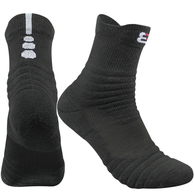 Pair of black socks with brand logo on a white background