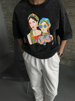 Washed Graphic Long Sleeve T-Shirt – Vintage Oversized Streetwear for Women - 3KDyn