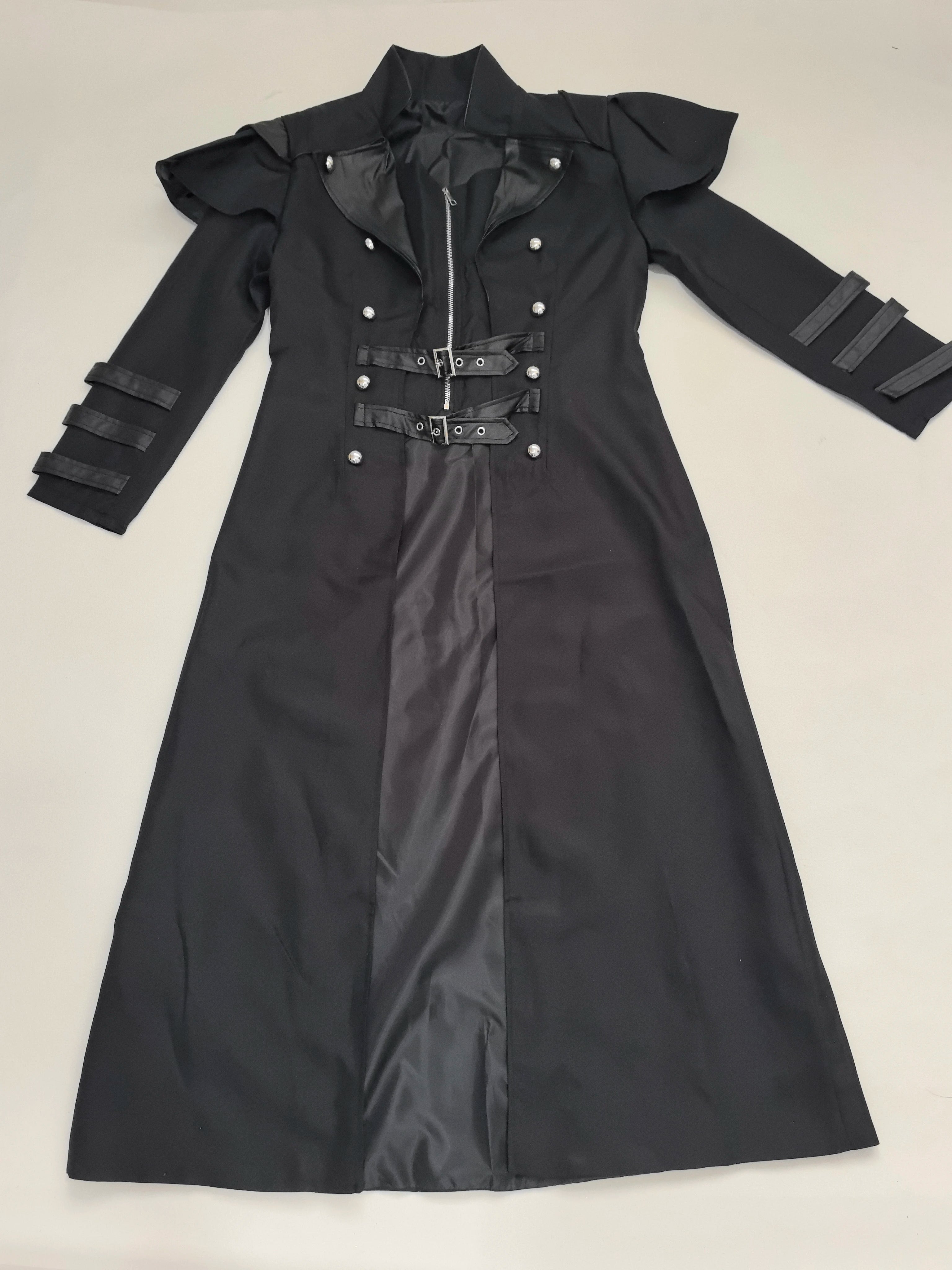 Black steampunk costume set with gothic coat and mask for men