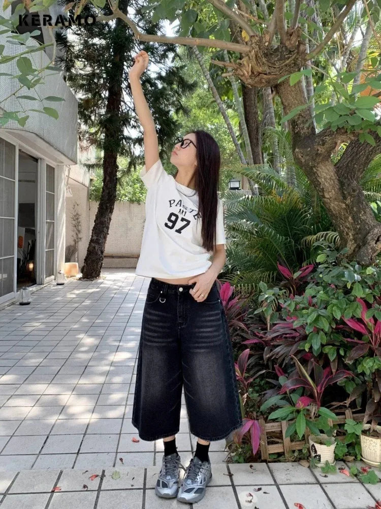 Harajuku Vintage High Waist Black Retro Washed Denim Shorts Women's Fashion Casual Loose Fit Y2K Streetwear Mid Long Short - 3KDyn