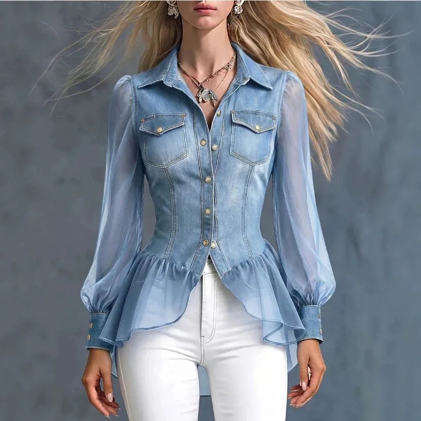 Women’s Denim-Look Long Sleeve Blouse