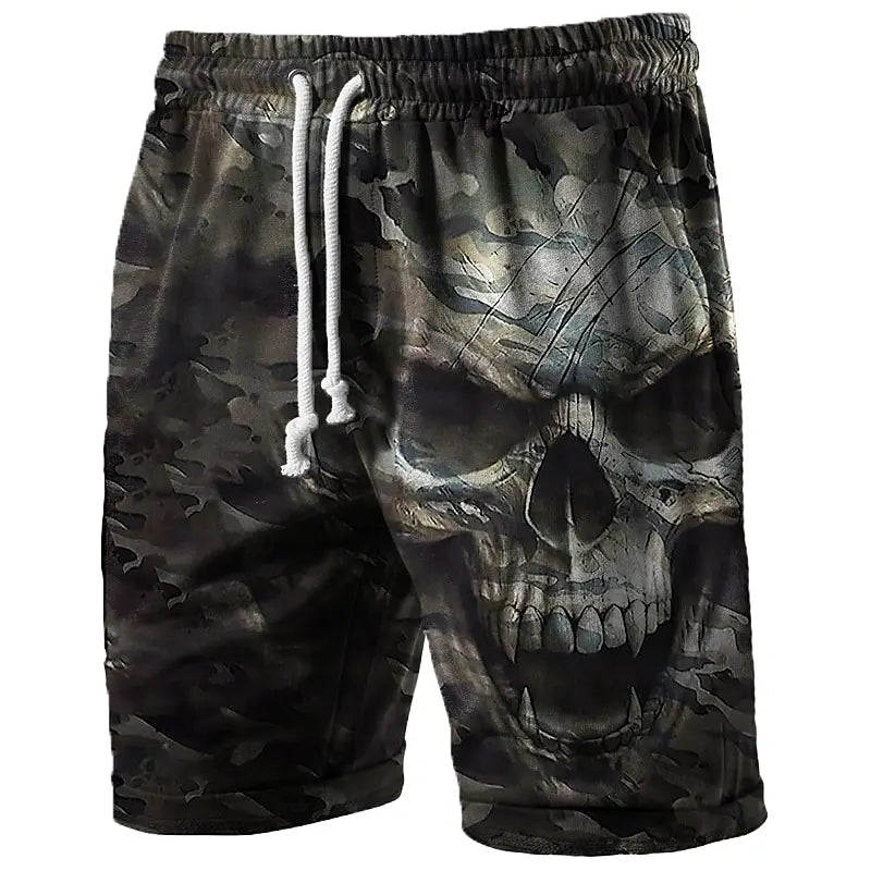 Camouflage shorts with a skull design on a white background