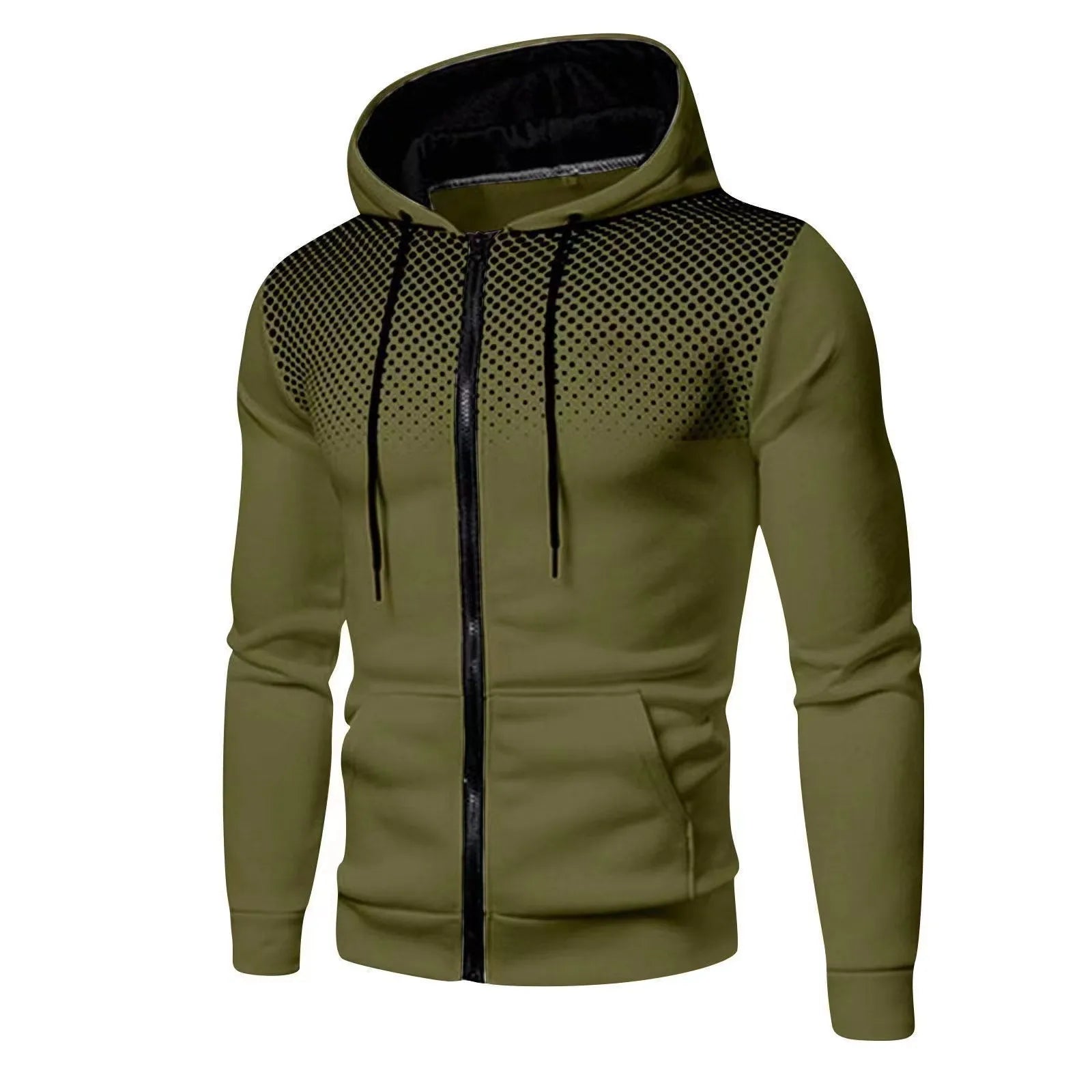Green hoodie with black zipper and pattern on a white background