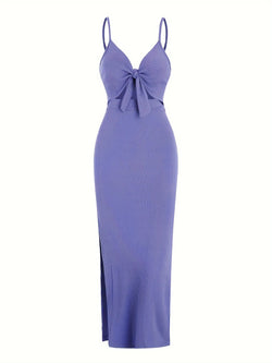 Europe and America knit simple sleeveless suspender dress in spring and summer, leaking back and sexy long skirt with neck. - 3KDyn