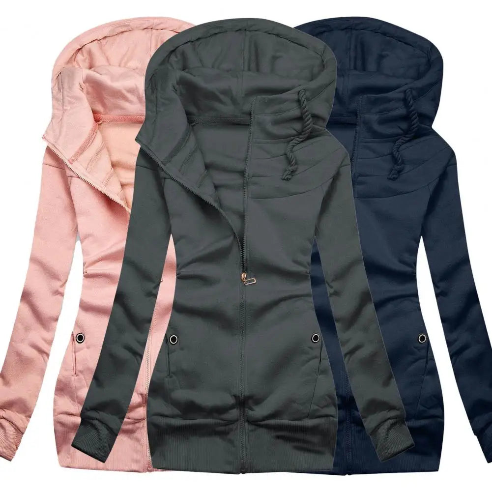 Women’s slim fit zipper hoodie jacket with drawstring waist in pink, navy blue, and gray | 3KDyn