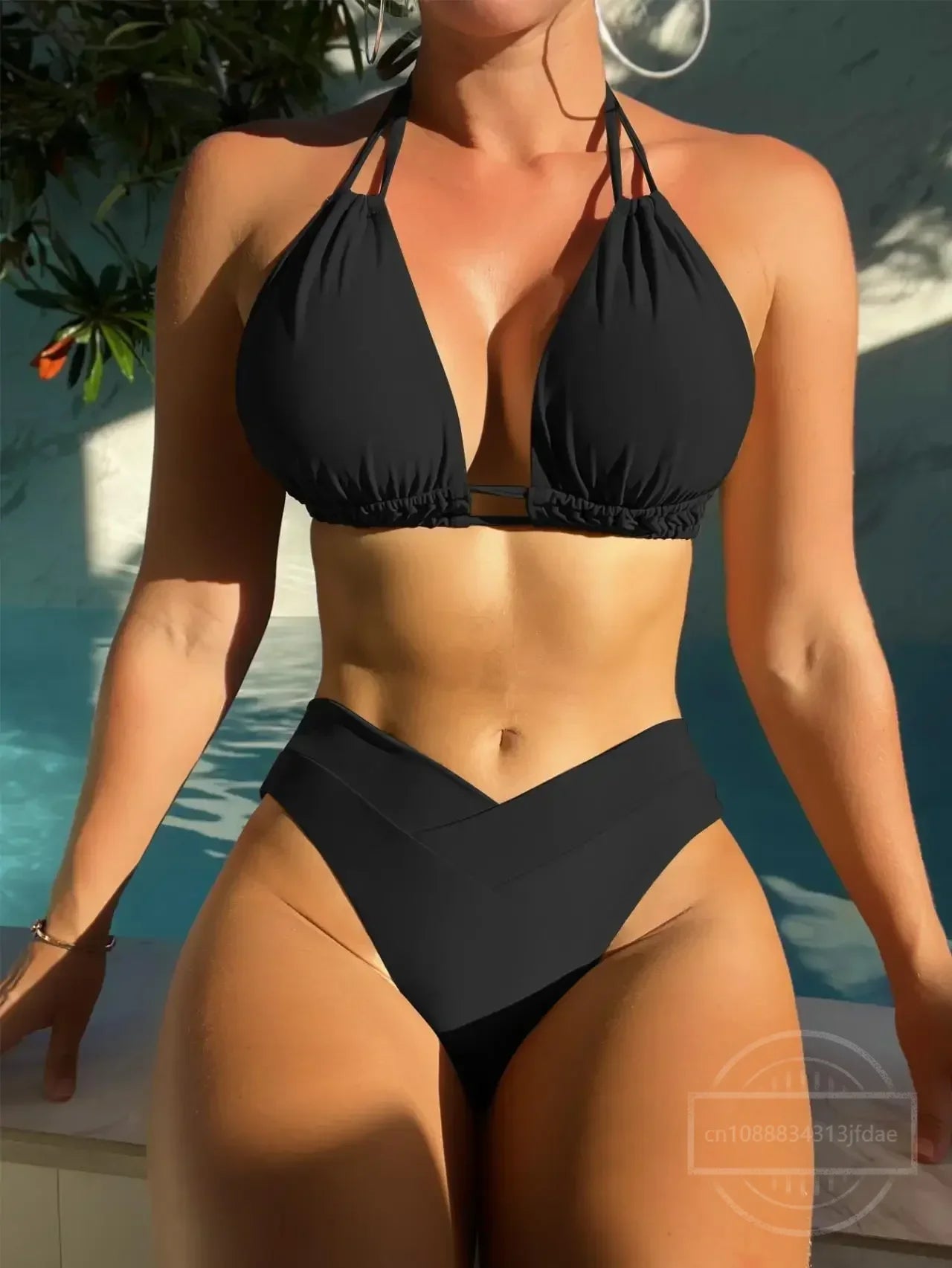 Plus Size Beach Bikini Black Sexy Halter Bikini Push Up Swimsuit 2 Piece Bikini Sets Summer Women Swimwear Bathing Suits - 3KDyn