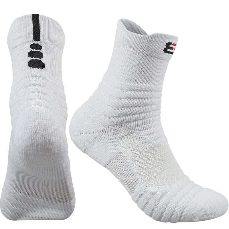 White socks with black and red logo on a white background