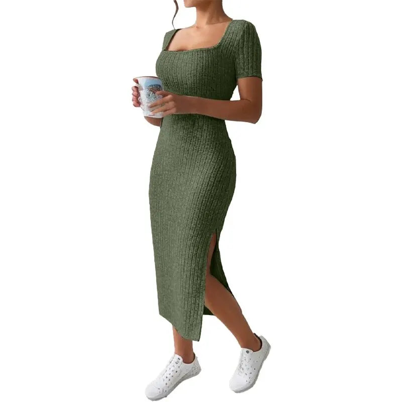 Summer Square Neck, Hip-Hugging Mid-Length Skirt, Short-Sleeved, Versatile Knitted Slit Dress - 3KDyn