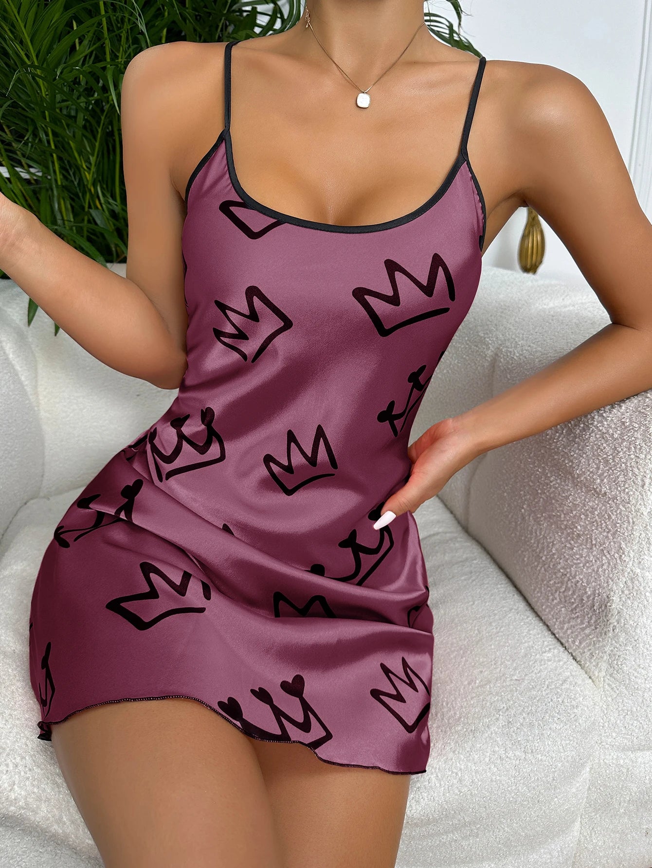 Heart Print Satin Chemise Nightdress – Cross‑Back - 3KDyn