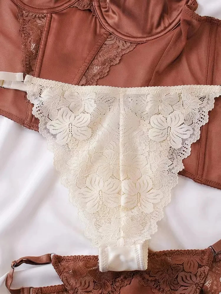 Lace underwear with a brown top on a white background