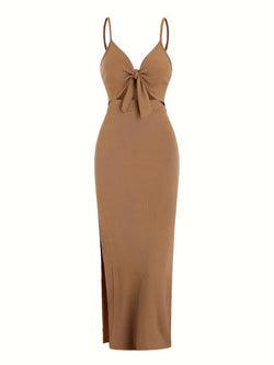 Europe and America knit simple sleeveless suspender dress in spring and summer, leaking back and sexy long skirt with neck. - 3KDyn