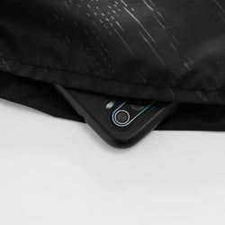 Close-up of a black phone case on a white surface