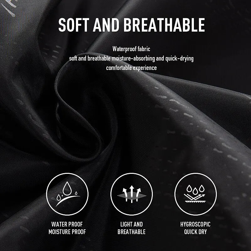 Close-up of waterproof fabric with text and icons indicating softness, breathability, water proof, light and breathable, and hygroscopic quick dry properties.
