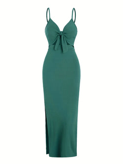 Europe and America knit simple sleeveless suspender dress in spring and summer, leaking back and sexy long skirt with neck. - 3KDyn