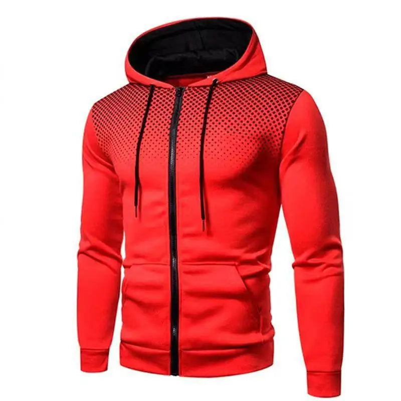 Red hoodie with black zipper and mesh design on a white background