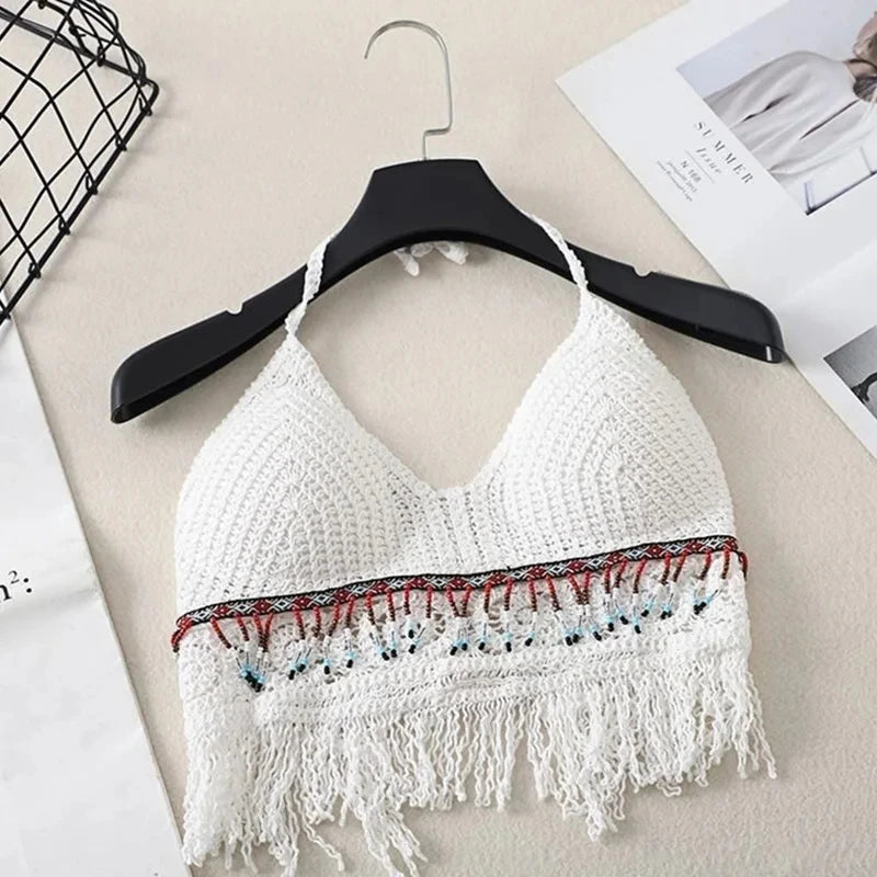 Sexy Boho Beach Holiday Camisole Halter Women Crochet Knit Swimsuit Bra Backless Vest Hollow Tassel Tank Top Women's Crop Tops - 3KDyn