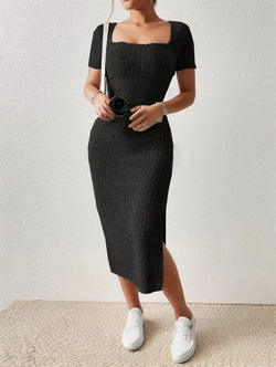 Summer Square Neck, Hip-Hugging Mid-Length Skirt, Short-Sleeved, Versatile Knitted Slit Dress - 3KDyn