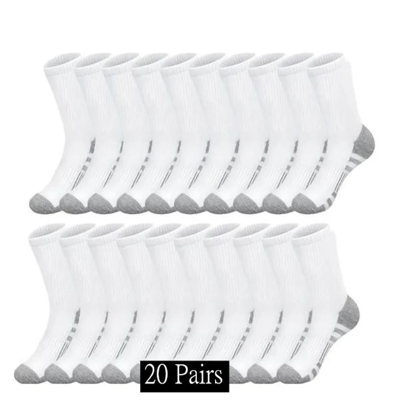 Pack of 20 pairs of white socks with gray toes and heels on a white background.