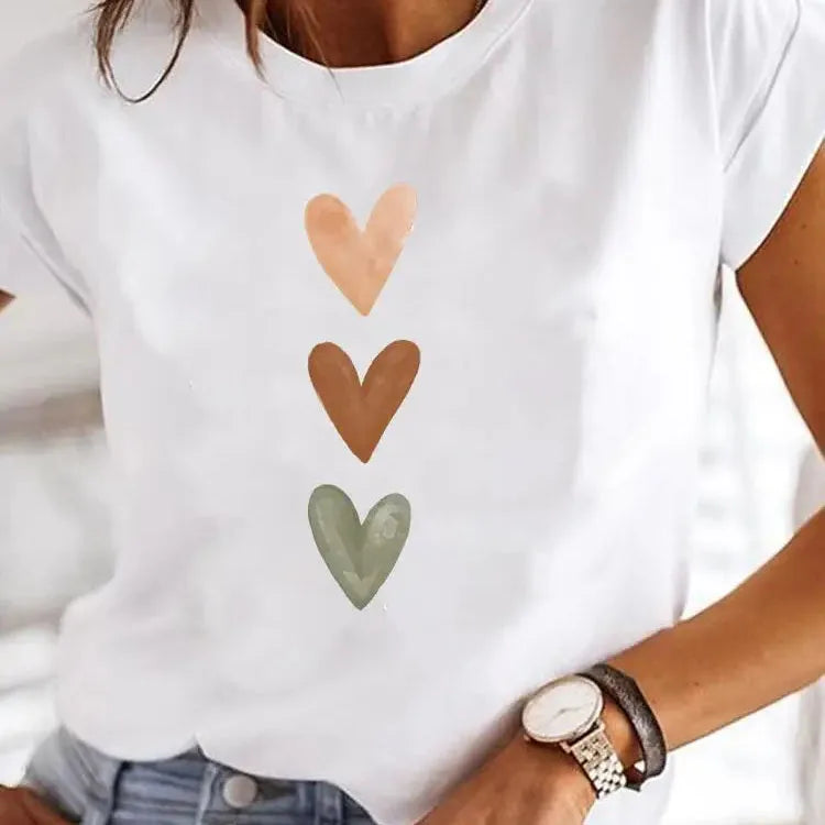 Love Heart Print Summer T-Shirt – Women's O-Neck Casual Tee - 3KDyn