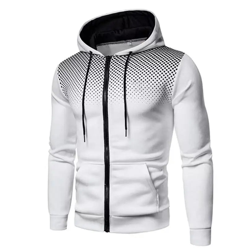White hoodie with black zipper and pattern on a white background