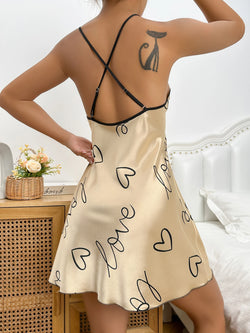 Heart Print Satin Chemise Nightdress – Cross‑Back - 3KDyn