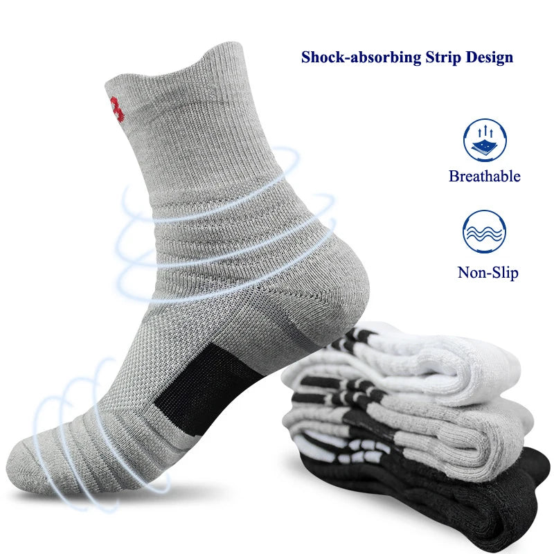 Gray sock with text highlighting features, accompanied by a stack of similar socks on a white background.