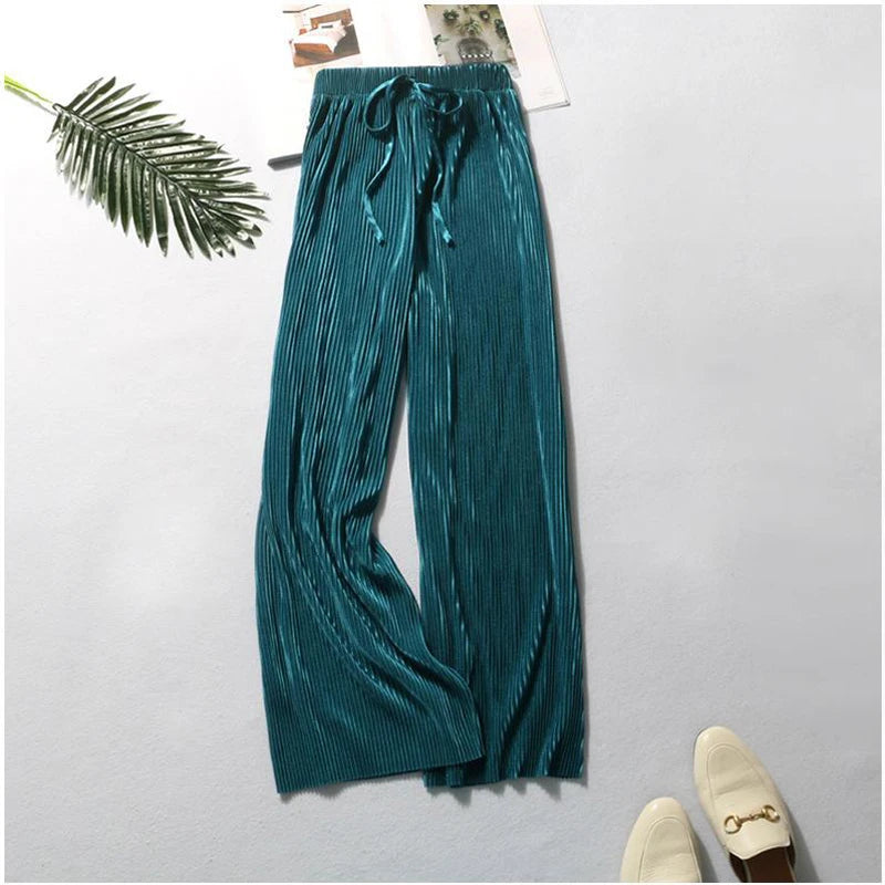 Women Fashion Summer Wide Leg Pants Pleated Ice Silk Trousers Elastic Waist Loose Casual Pants - 3KDyn