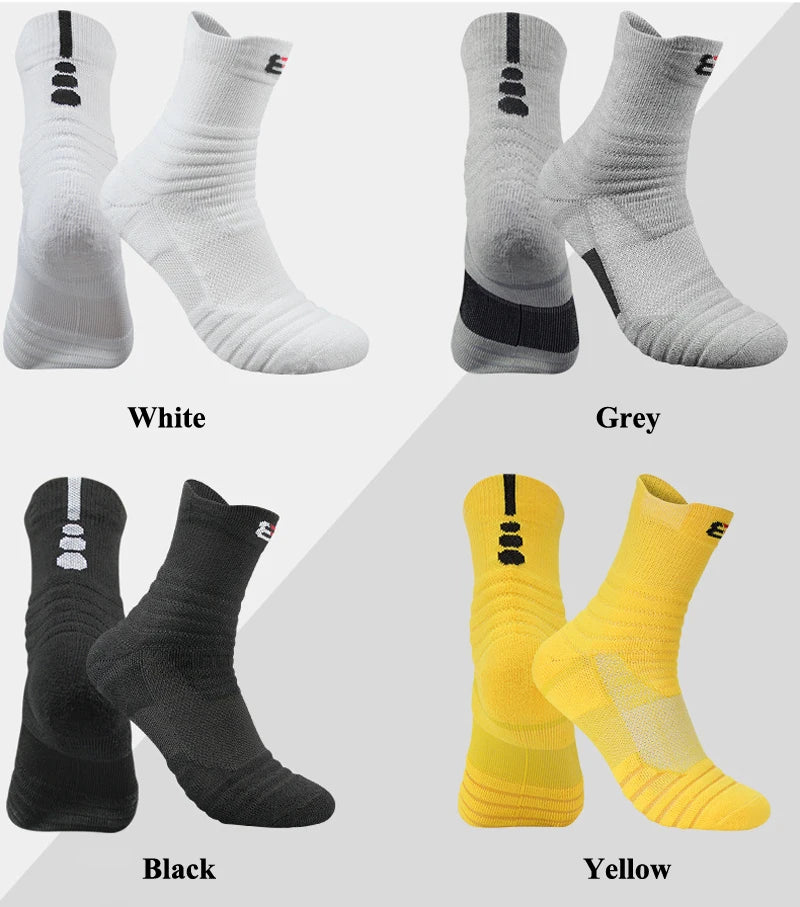 Collage of white, gray, black, and yellow socks with brand logo.