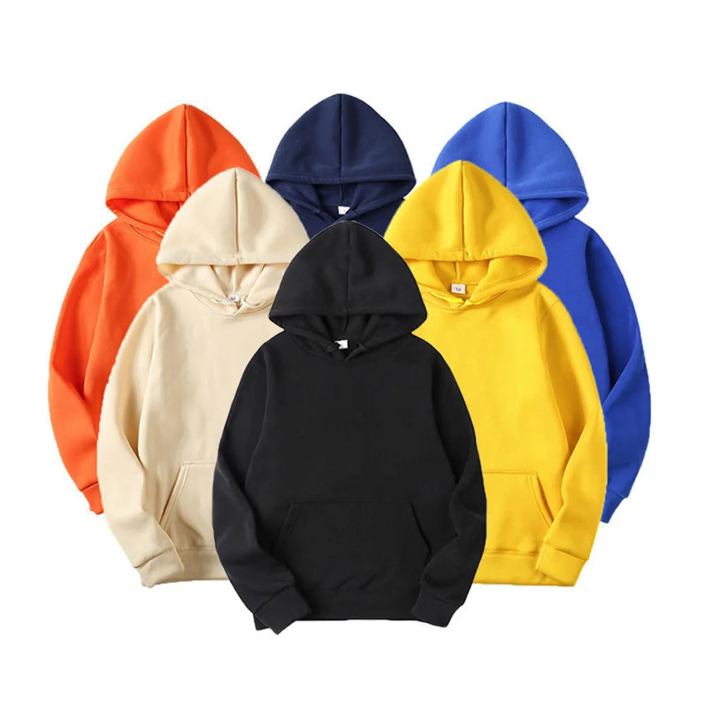 A collection of men's hoodies in various solid colors including beige, black, blue, orange, and yellow.