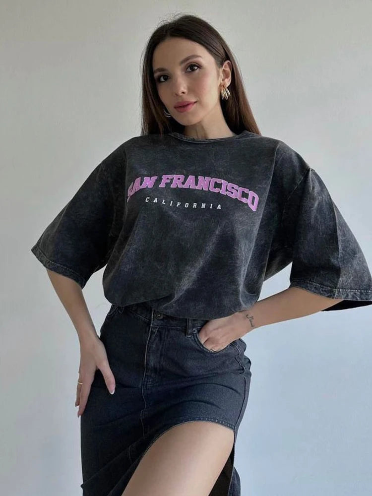 Washed Graphic Long Sleeve T-Shirt – Vintage Oversized Streetwear for Women - 3KDyn