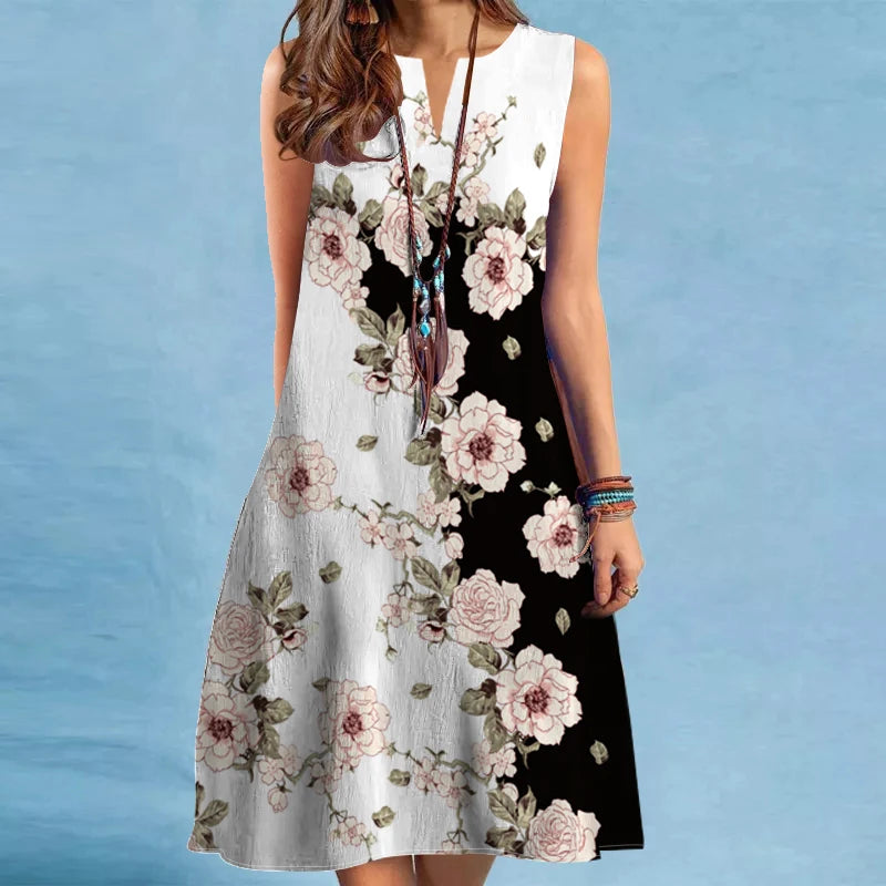 Women’s floral V-neck sleeveless A-line dress – knee length | 3KDyn