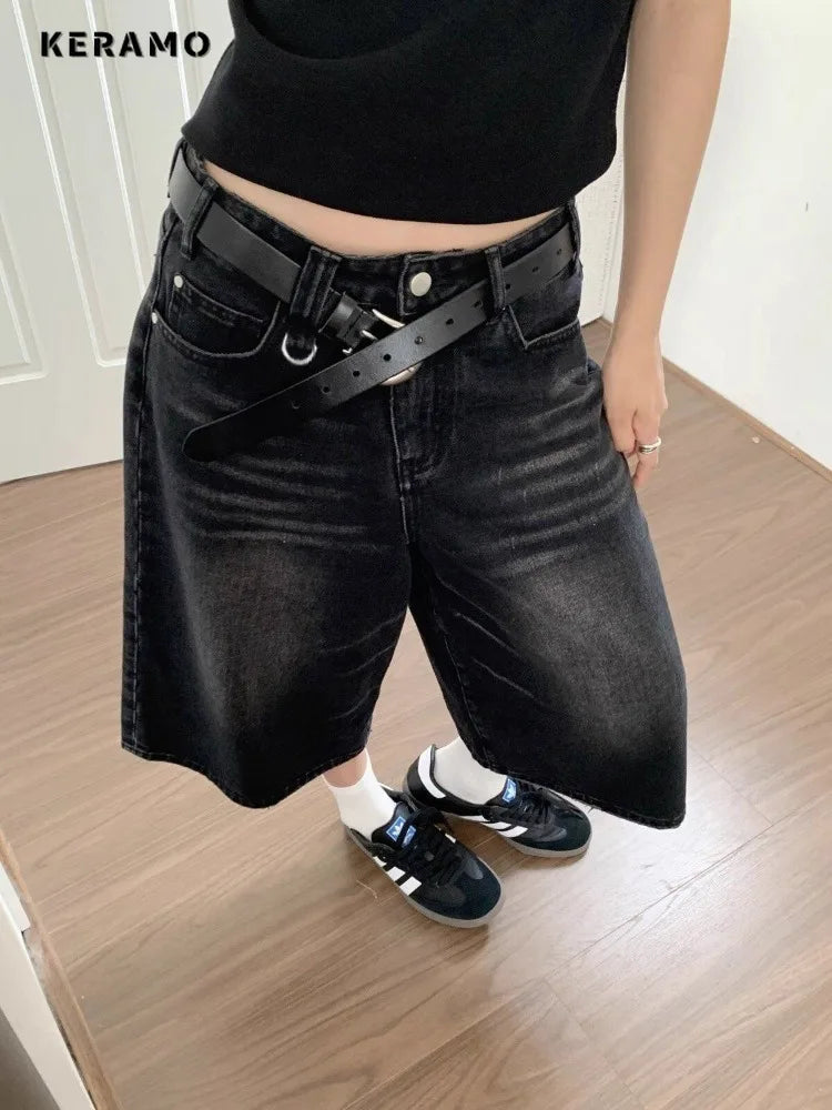 Harajuku Vintage High Waist Black Retro Washed Denim Shorts Women's Fashion Casual Loose Fit Y2K Streetwear Mid Long Short - 3KDyn