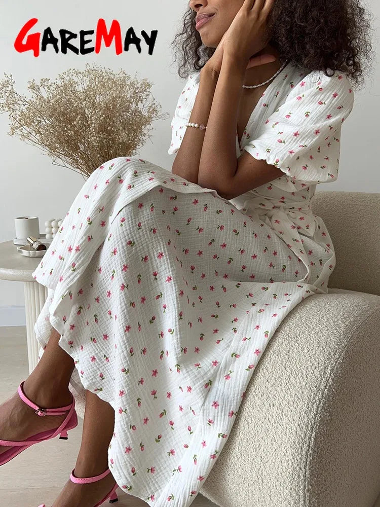 Casual Women's Summer Dresses 100% Cotton Floral Print A-line Midi Dress with Side Slits Long Elegant White Dress for Women 2025 - 3KDyn