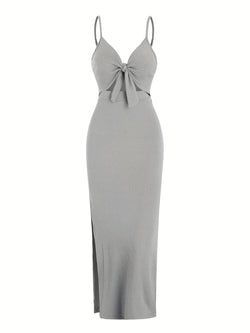Europe and America knit simple sleeveless suspender dress in spring and summer, leaking back and sexy long skirt with neck. - 3KDyn