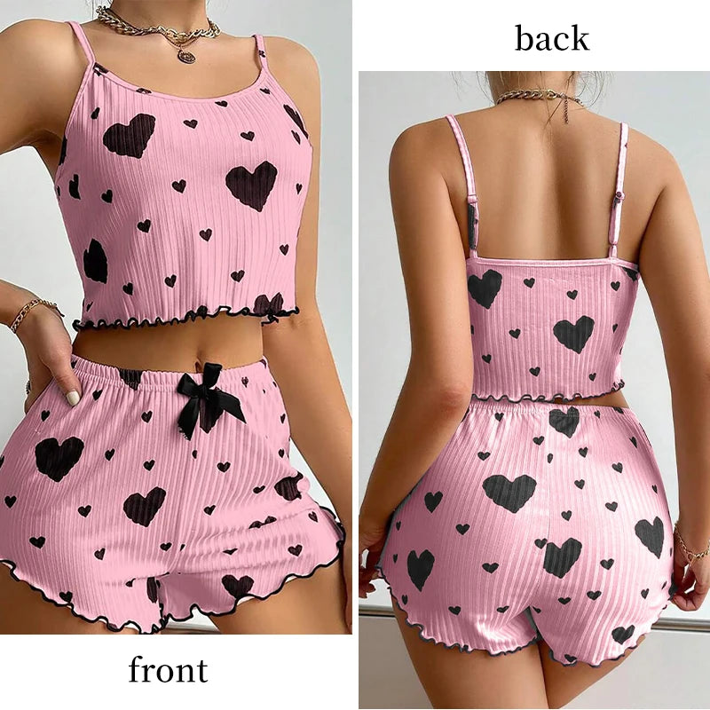 Women’s Heart-Print Pajama Set – 2-Piece Cami Top & Shorts - 3KDyn