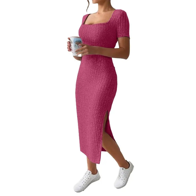 Summer Square Neck, Hip-Hugging Mid-Length Skirt, Short-Sleeved, Versatile Knitted Slit Dress - 3KDyn