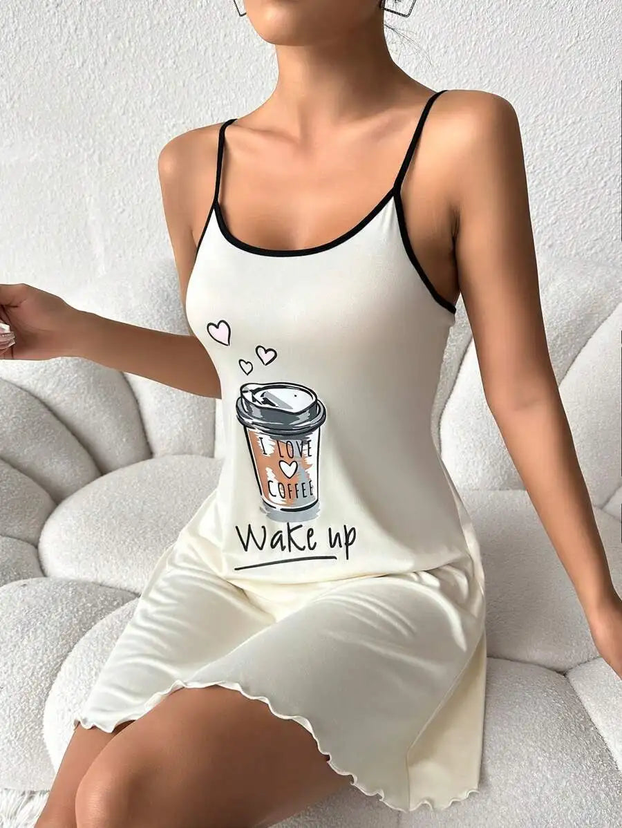 White nightgown with coffee-themed design on a white background