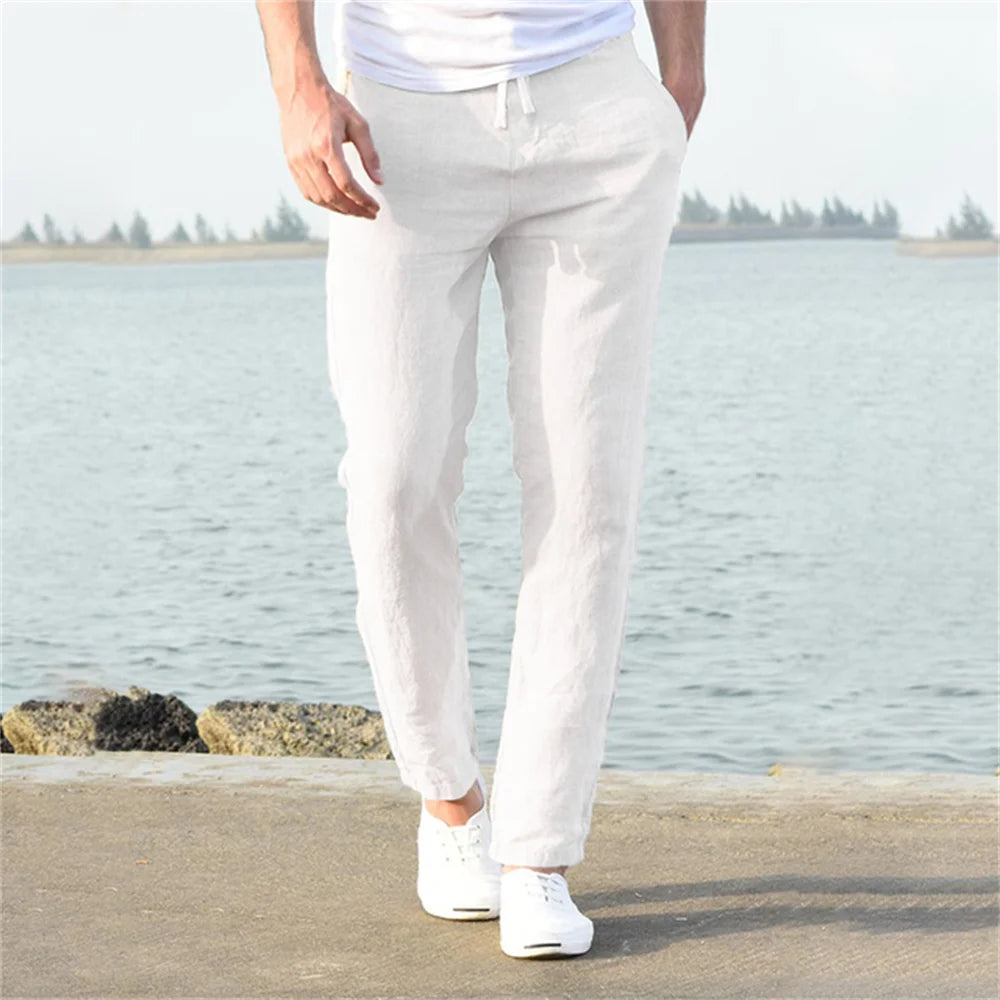 Men's Cotton Linen Straight Pants - Breathable Summer Trousers with Elastic Waist - 3KDyn