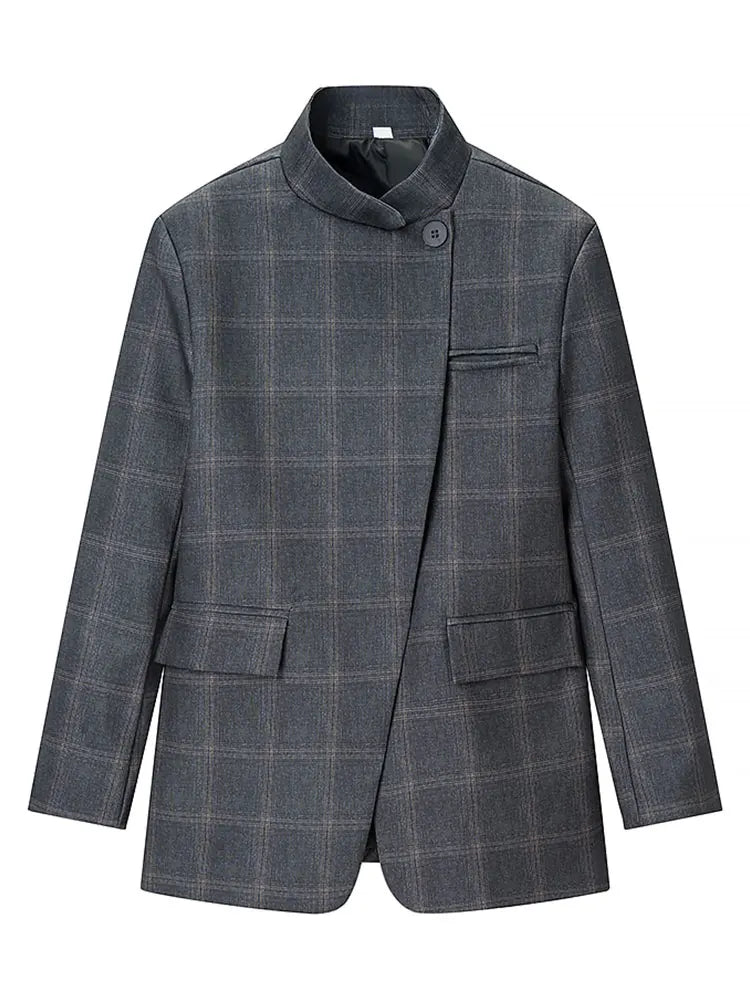 Women’s plaid stand-collar blazer