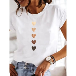 A woman wearing a white short-sleeved T-shirt with a love heart print in a vertical column on the front.