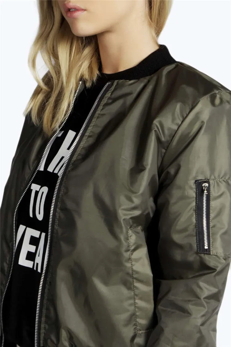 Green bomber jacket with olive drab accents and visible branding on a white background